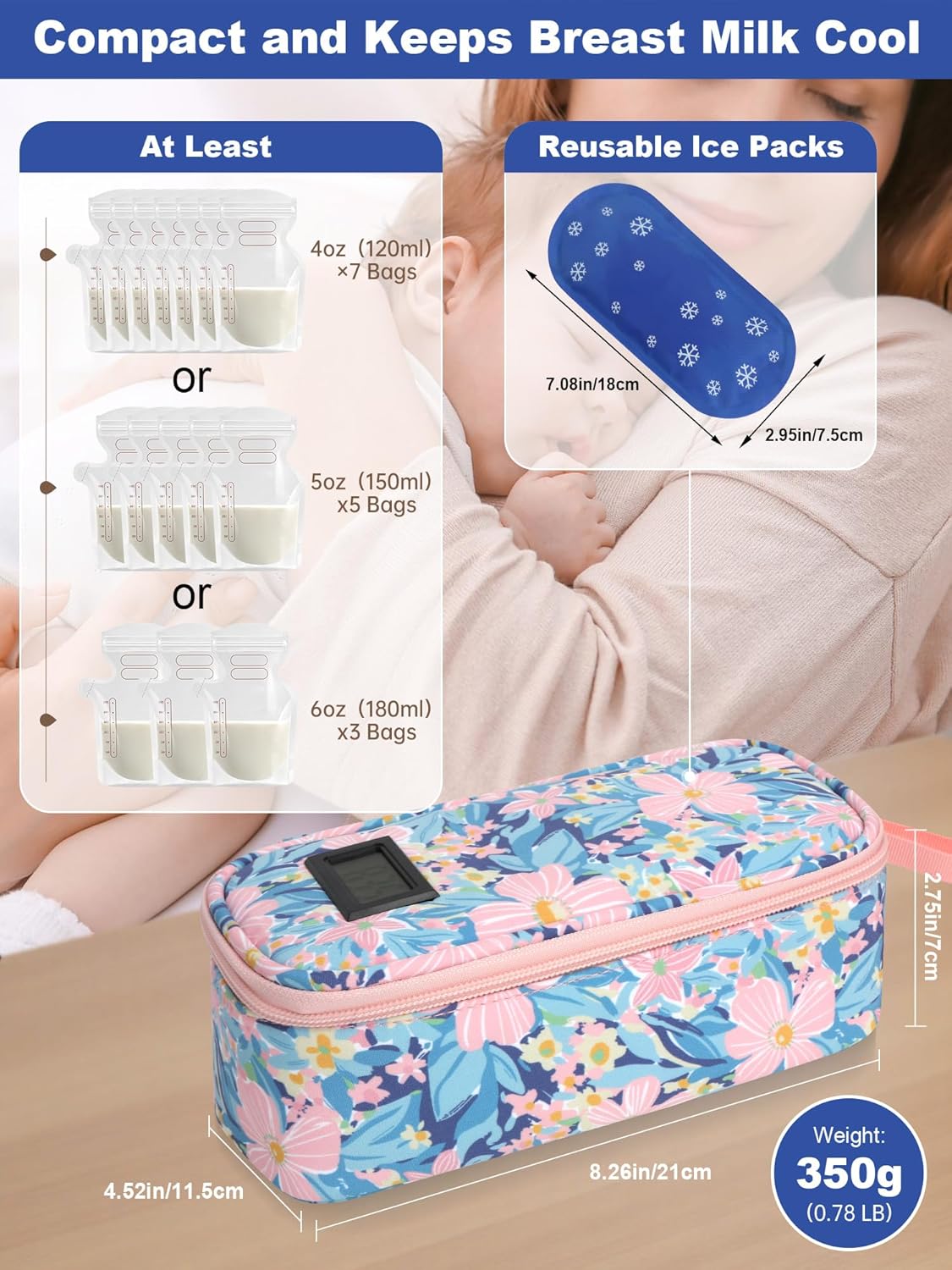 YOUSHARES Breastmilk Cooler Travel Bag with Digital Thermometer, Small Insulated Baby Milk Storage with 2 Ice Packs, Daycare and On-The-Go Moms （Pastel Flowers）