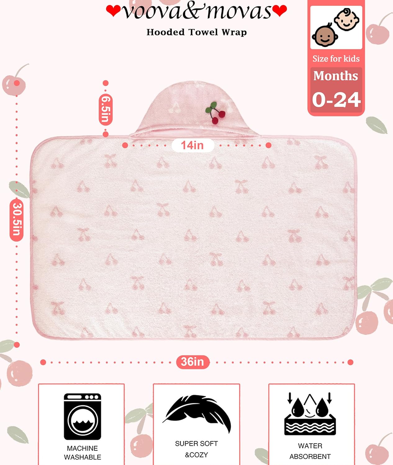 VOOVA & MOVAS Thick Baby Hooded Bath Towel - 100% Cotton,420GSM, 30.5x36 Inches,0-2Years, Super Absorbent Large Towel with Cherry Hood for Newborn,Toddler,Infant, Baby Essentials, Pink Cherry