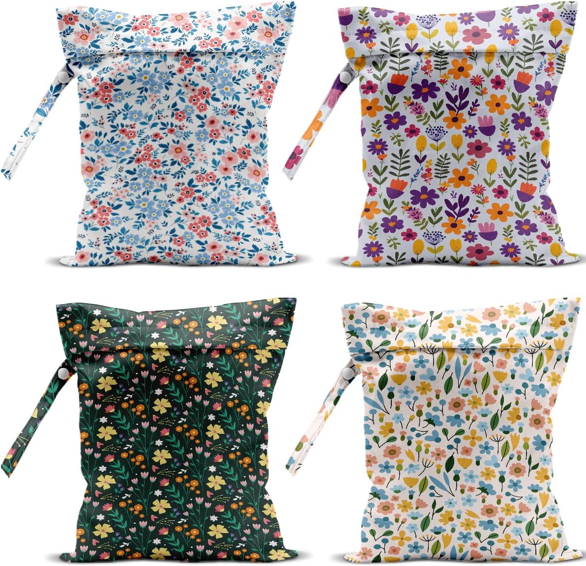 4 Pack Cute Wet Bag Waterproof Washable Reusable Wet Dry Bag for Swimsuit Dirty Clothes Diaper Travel Beach Pool Gym Christmas Bachelorette Party Toiletries Essentials，Colorful Floral Wildflower