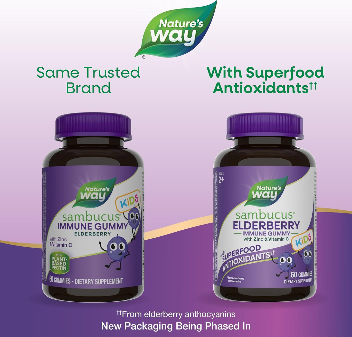 Nature's Way Sambucus Elderberry Immune Gummies for Kids, Immune Support Gummies*, with Black Elderberry Extract, Vitamin C and Zinc, 60 Gummies (Packaging May Vary)