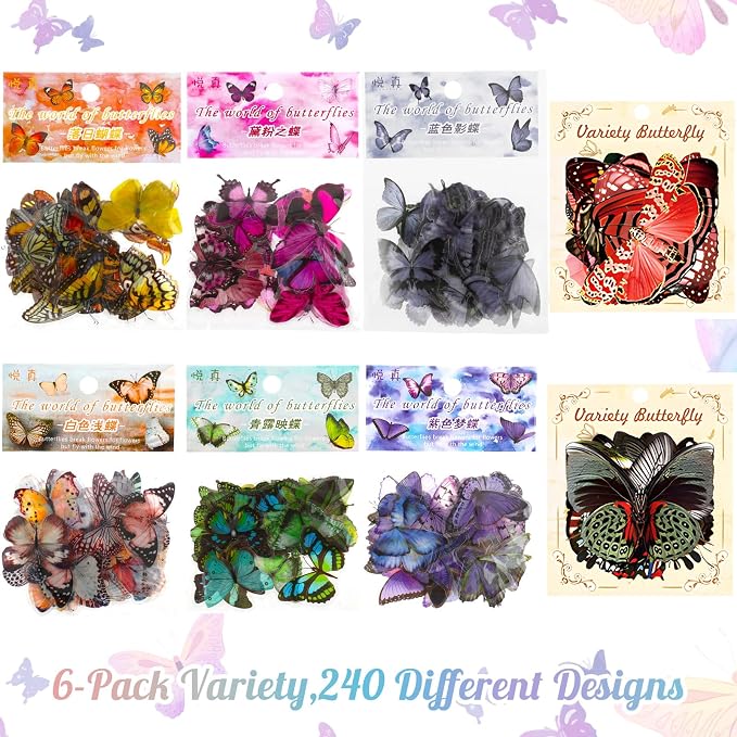 COMNICO 240PCS Butterfly Stickers, PET Waterproof Transparent Colorful Decals