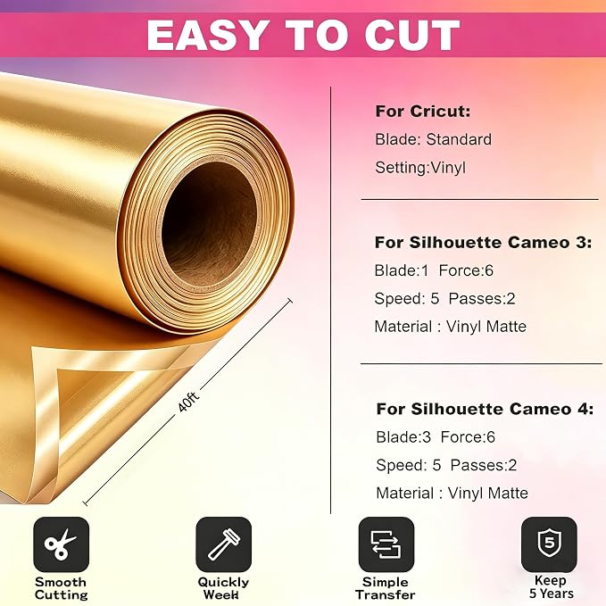 Gold Permanent Vinyl for Cricut Cutting Machine, Waterproof, Durable Gold Vinyl