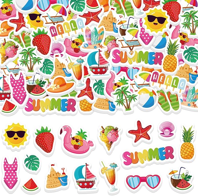 300Pcs Summer Foam Stickers, Colorful Self-Adhesive Summer Pool Beach Stickers