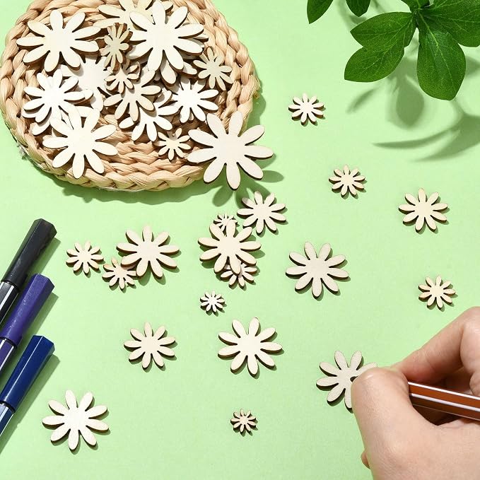 300 Pcs 6 Styles Wooden Flower Cutouts Unfinished Floral Wood Hanging Ornaments