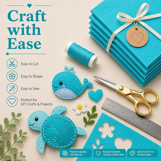 Teal Blue Large Felt Fabric 36" x 36", 1mm Stiff Felt Sheet, Nonwoven Fabric