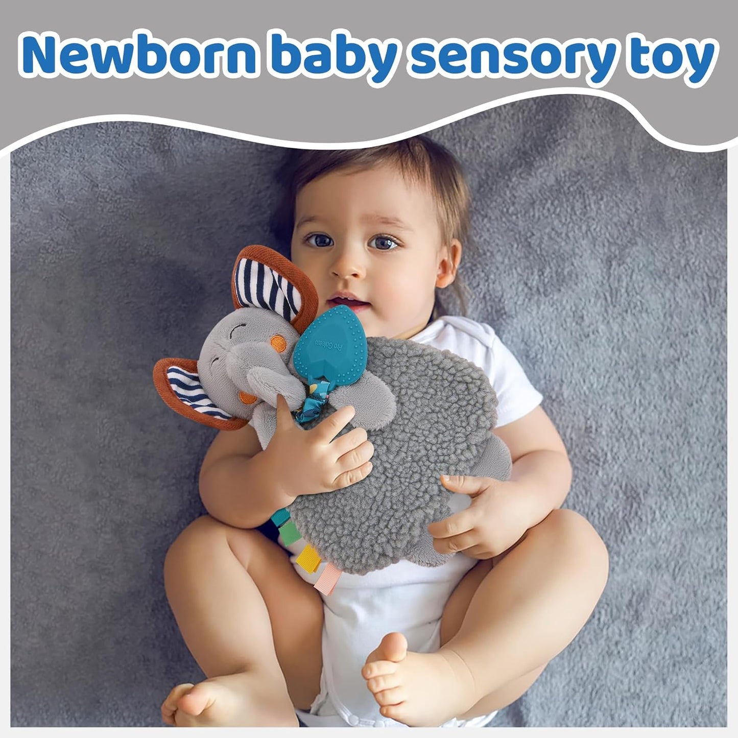 Pro Goleem Grey Elephant Loveys for Babies Girl and Boy, Baby Lovey with Teether, Baby Toys 0 3 6 9 12 Months, Safety Teething Toys for Babies Infant Newborn and Toddler Gifts