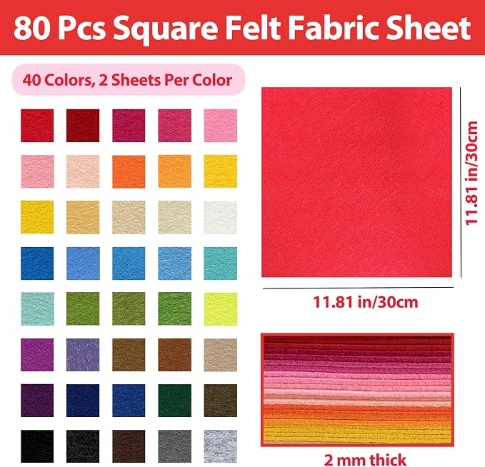 80 PCS Wool Blend Felt Sheets for Crafts 2 mm Thickness, 40 Color 11.8 x 11.8