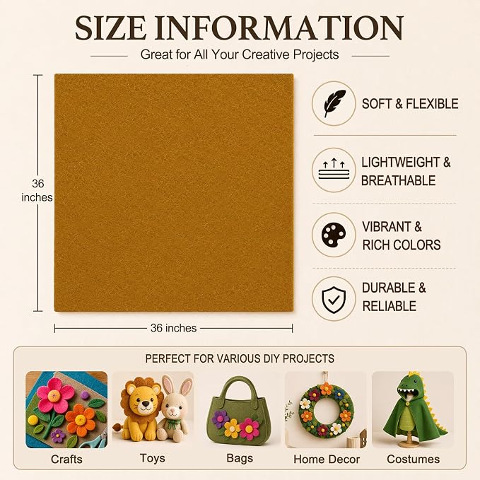Antique Gold Large Felt Fabric 36" x 36", 1.4 mm Soft Felt Sheet, Nonwoven