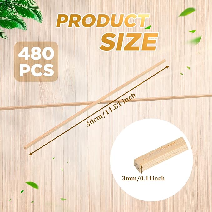 Menkxi 480 Pcs Balsa Wood Sticks 1/8 x 1/8 x 12 Inch Wood Strips Hardwood