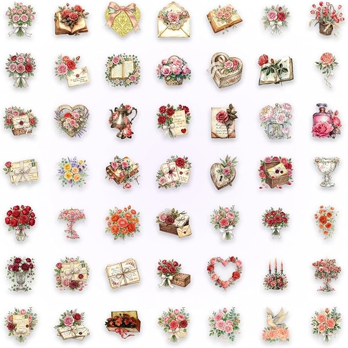 50PCS Vintage Rose Flower Stickers, Retro Love Letter Floral Decals, Waterproof