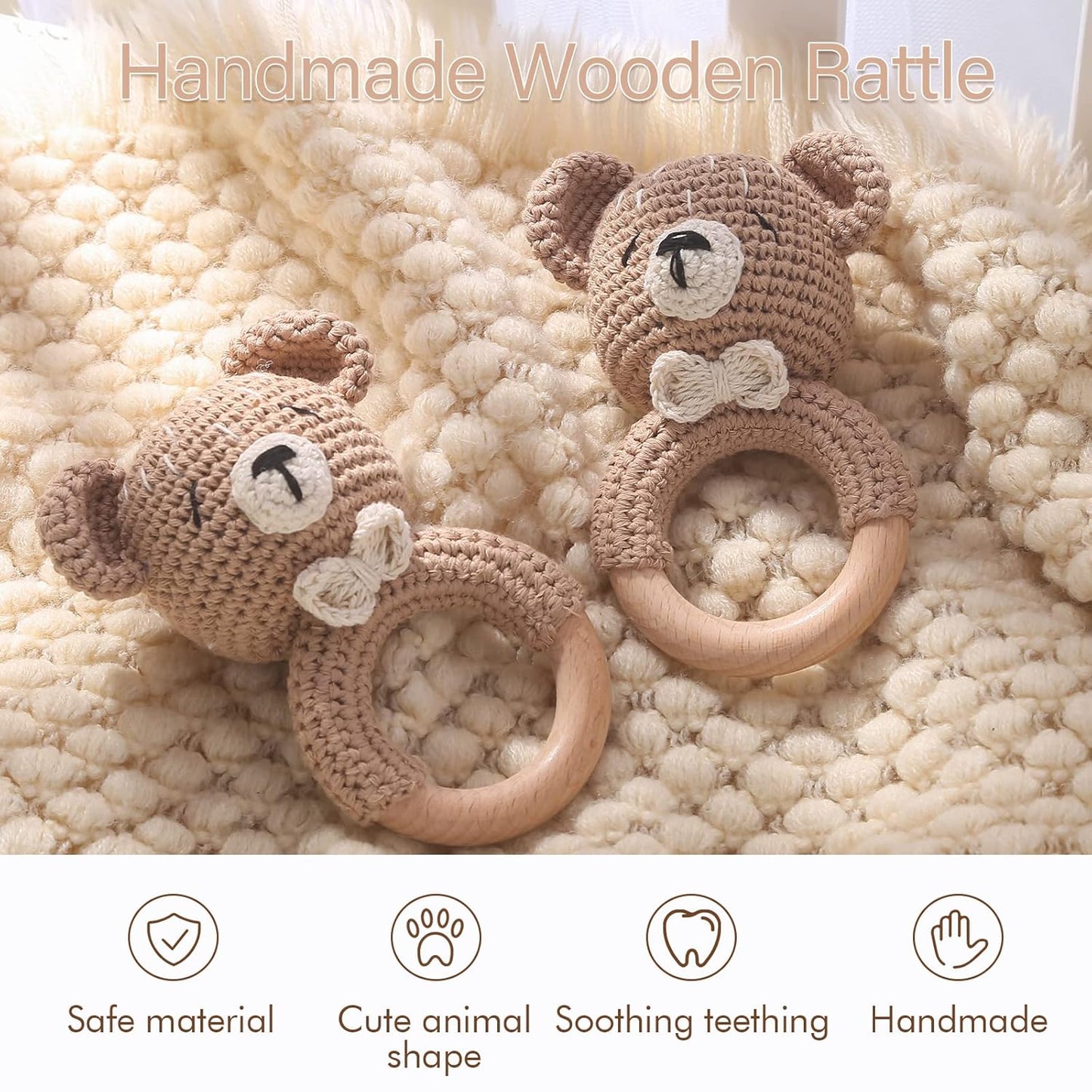 WOODEN TEETHER Baby Rattle, Shaker Toy,Crochet Baby Rattle, Crochet Baby Toys, Organic Wooden Newborn Toys, Newborn Animal Rattle Toys，Knitted Stuffed Animals Gifts for Baby, Kahki Bear