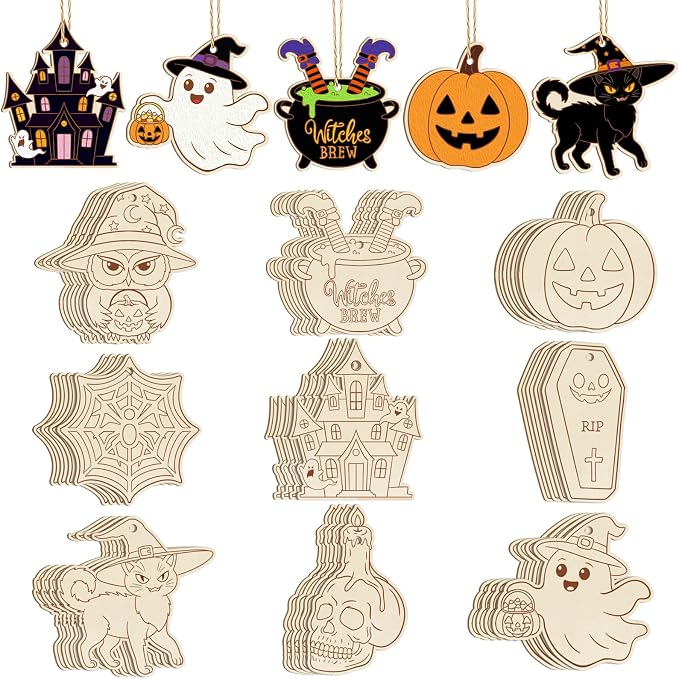 36PCS Wooden Halloween Ornaments to Paint Fall Decorations Crafts