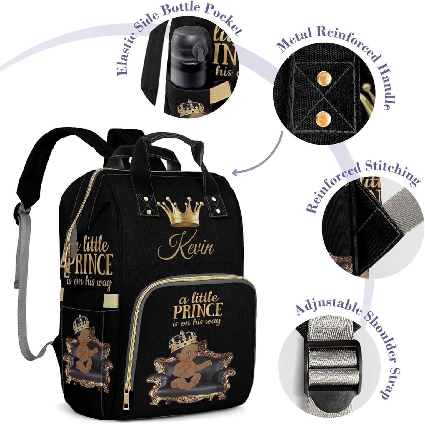 Personalized Diaper Bag for Boys, Black Crown Custom Diaper Bag with Thermal Pockets Multifunctional Nursing Baby Bags Large Capacity Nappy Bag Travel Nappy Backpack for Baby Boys