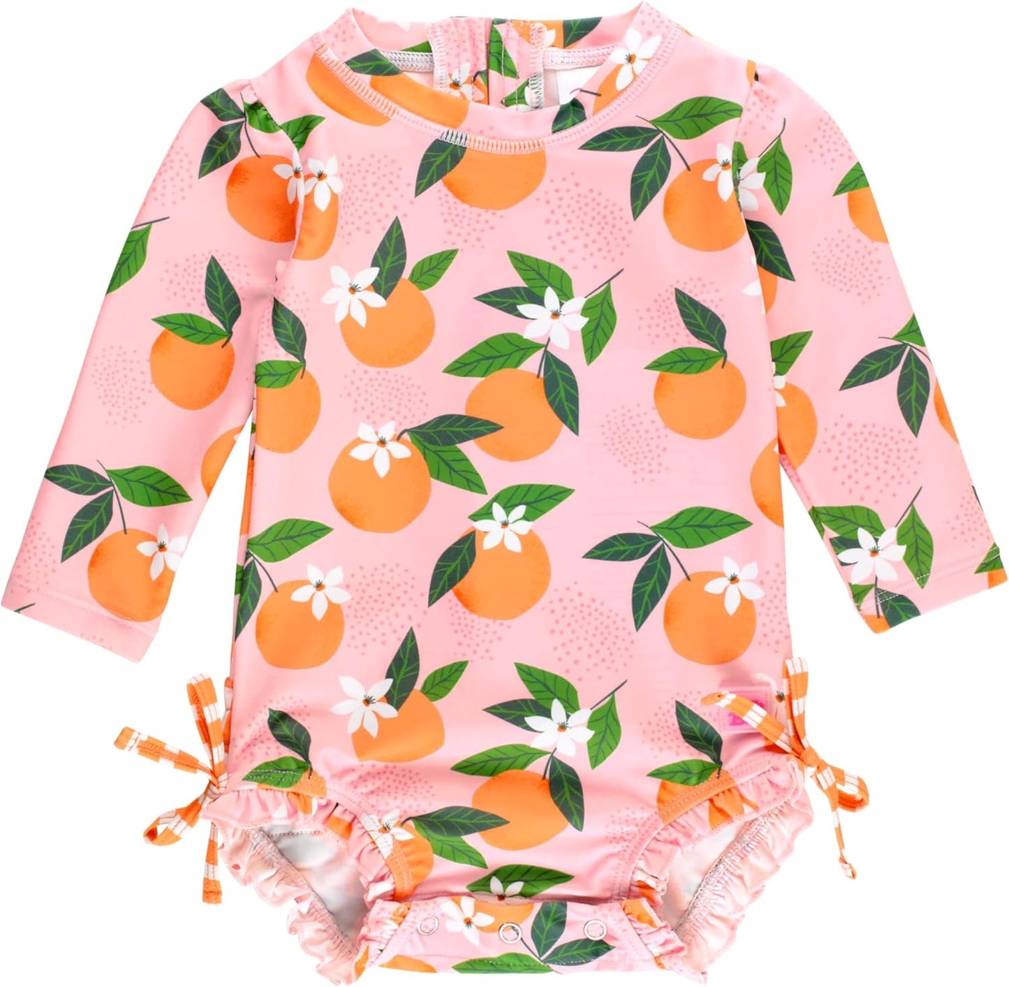RuffleButts Baby Girls UPF 50+ Sun Protection Novelty Print Long Sleeve One Piece Rash Guard Swimsuit with Zipper