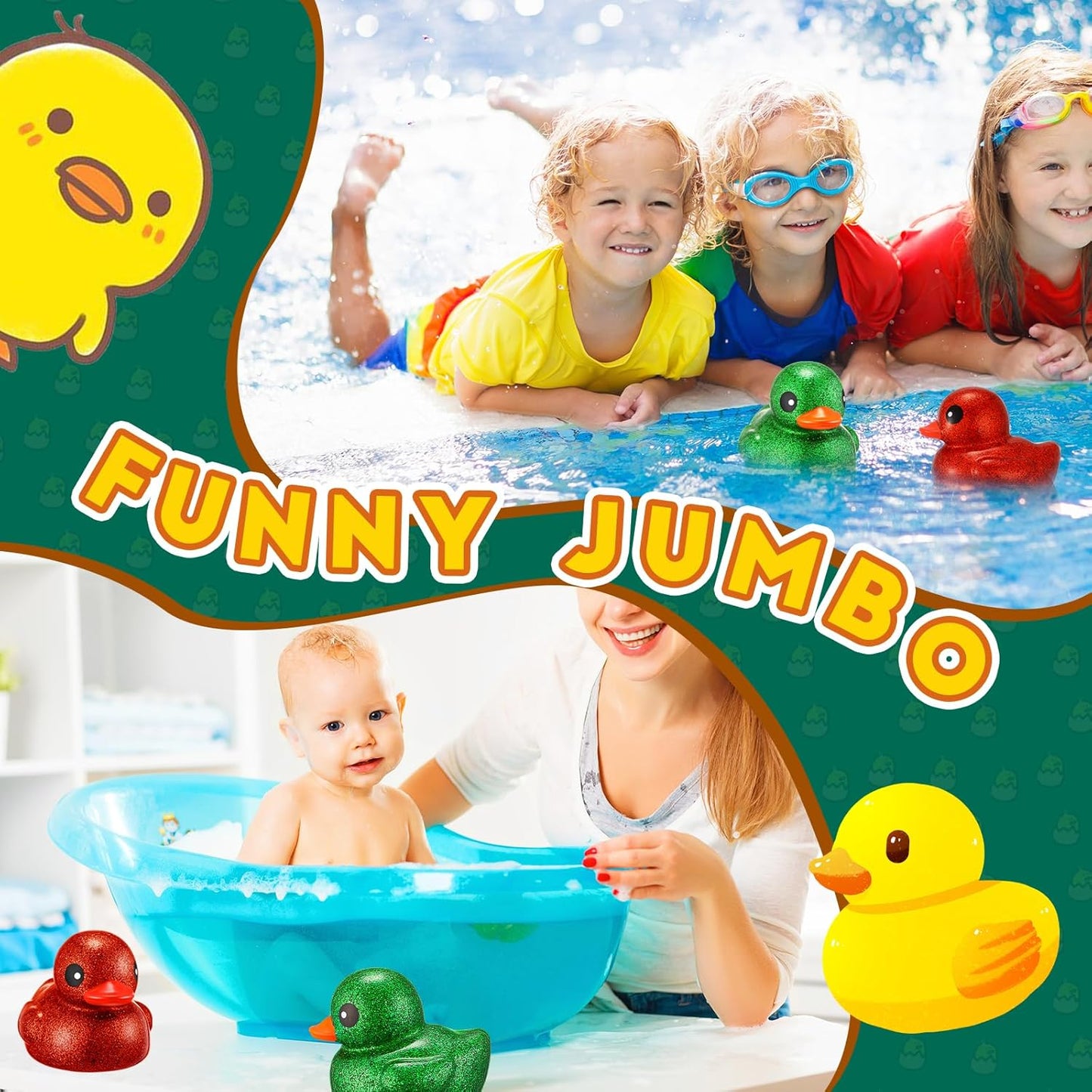 Honoson 2 Pcs 6.89 Inch Giant Glitter Rubber Ducks Big Sparkly Rubber Ducks Jumbo Bathtub Toys with Squeaky Sound for Baby Shower Pool Activity Birthday Gift(Glitter,Red, Green)