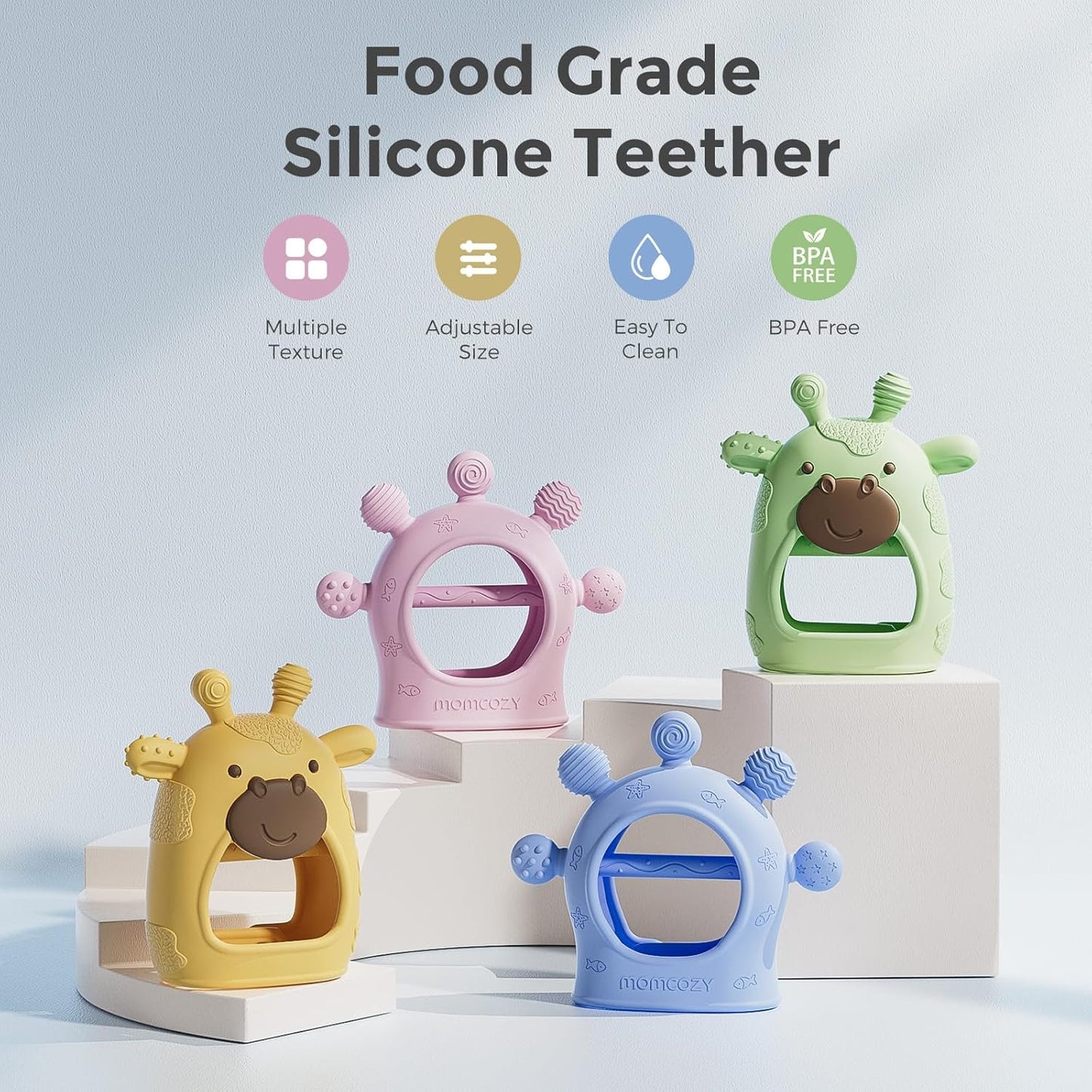 Momcozy Baby Teether Toys | Food Grade Silicone Teething Relief 0-6 Months | Toy 6-12 Months | Baby Essential | Green and Pink