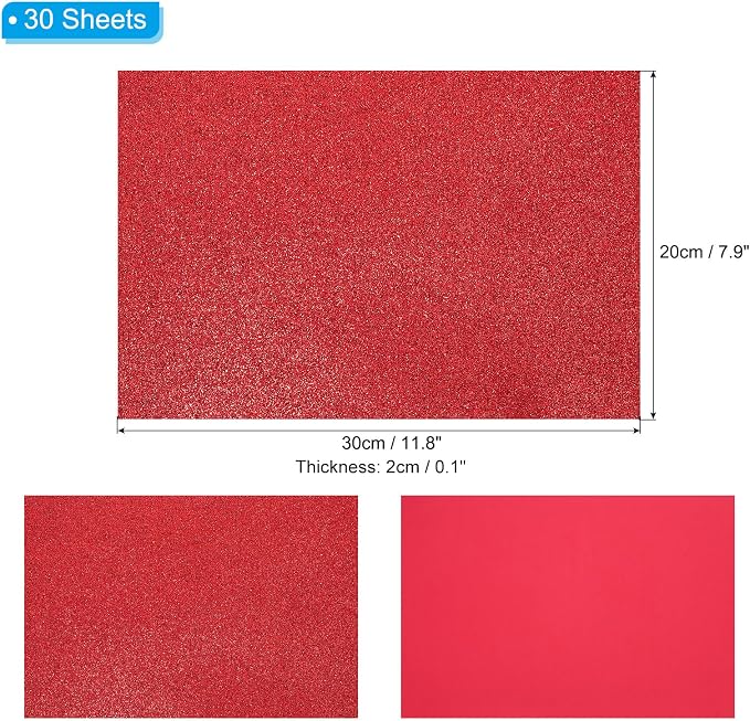 PATIKIL 30Sheets Bright Red EVA Glitter Foam Sheet 11.8 x 7.9 Inch 2mm Thick