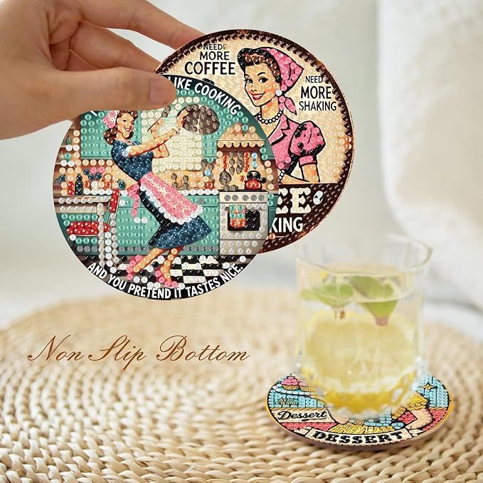 8Pcs Retro Housewife Diamond Art Coasters Kit, Vintage Coffee Diamond Painting