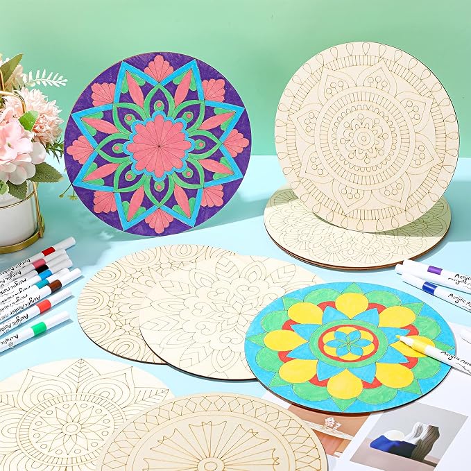 Vercraft 22 Pcs Wooden Mandala Painting Set 10 Mandala Unfinished Wood Cutouts