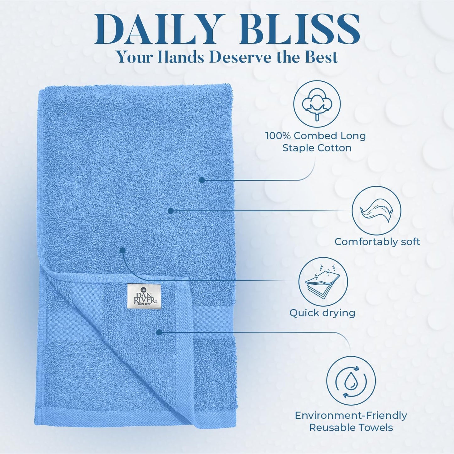 DAN RIVER 6-Pack Premium Hand Towels (16x28 Inches) - 100% Cotton, Ultra Soft, Lightweight, Highly Absorbent Towels for Bathroom, Spa, Gym, Salon, Hotel, and Travel - 550 GSM – M-Blue