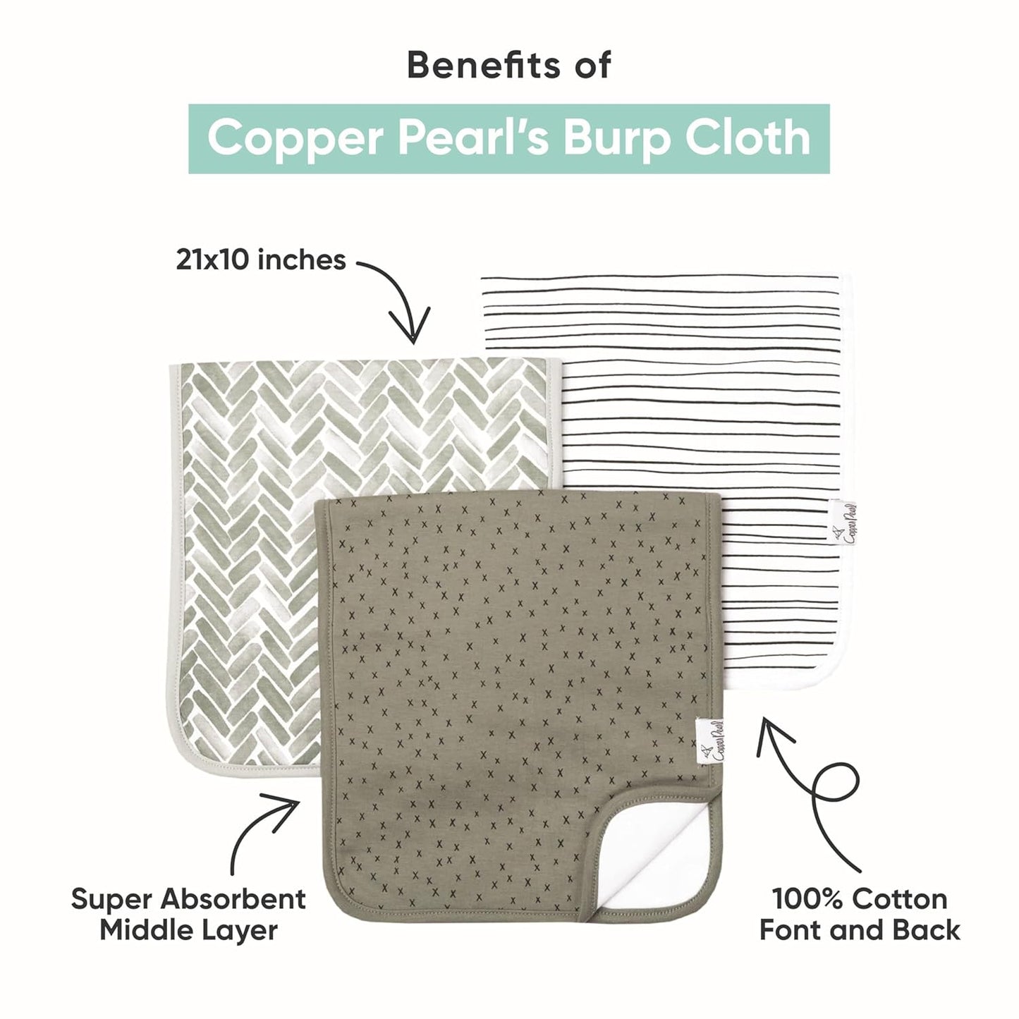 Copper Pearl Premium Baby Burp Cloths - 3-Pack Large Cotton Burp Cloths, Extra Soft Spit Up Rags with 3 Absorbent Layers, Perfect for Baby Girl Gifts (21" x 10" Size, Eden Set)