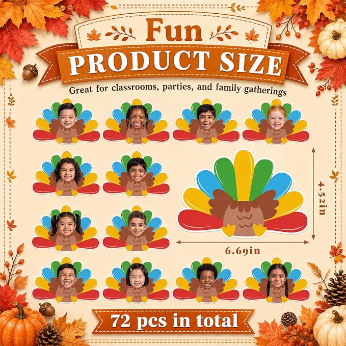 Gersoniel 72 Pcs Kid Fall Turkey Decor Autumn Cartoon Bulletin Board Cutout |