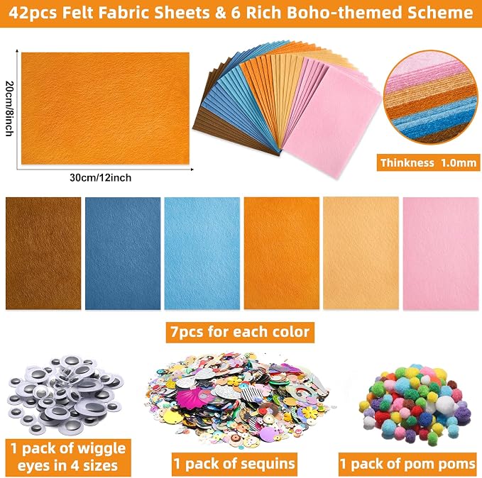 42Pcs Boho Felt Fabric Sheets 8 x 12 Inch Brown Beige Blue Assorted Soft Thick