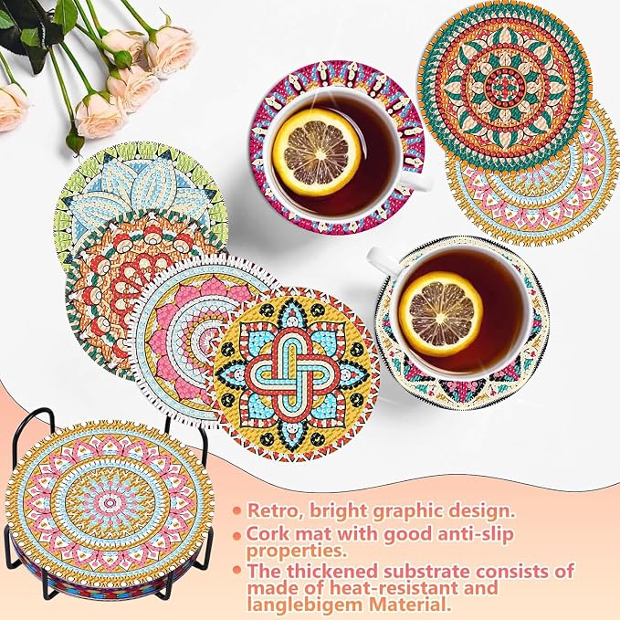 Benjenes 8 PCS Mandala Diamond Art Coasters Kits | Diamond Paintings Coasters