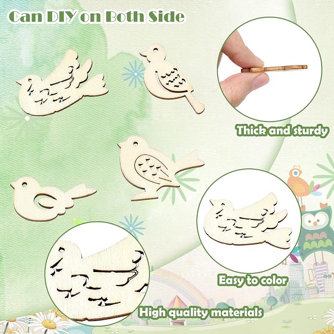 200 Pcs Unfinished Wooden Bird Cutouts Wood Animals Shapes Blank Wood Slices