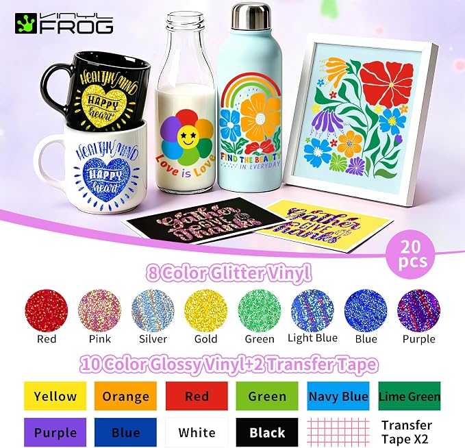 VINYL FROG Glitter Permanent Vinyl Bundle 20 Pack Glossy Holographic Adhesive