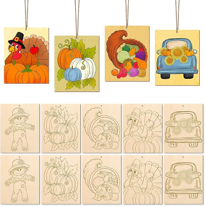 COCHIE 10PCS Large Thanksgiving Unfinished Wood Crafts to Paint