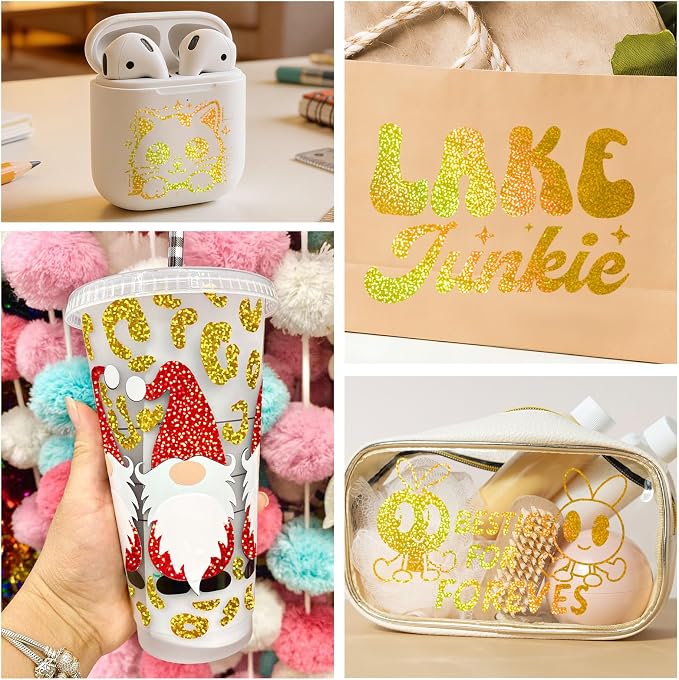 TECKWRAP Sparkle Gold Shimmer Vinyl Gold Glitter Permanent Vinyl Holographic