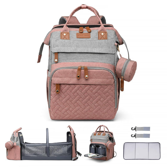 Diaper Bag Backpack Baby Diaper Bag Multifunctional Waterproof Diaper Bag with Changing Station Travel Backpack with Changing Pad, Baby Baby Pacifier Case & Stroller Straps(PinkGrey)