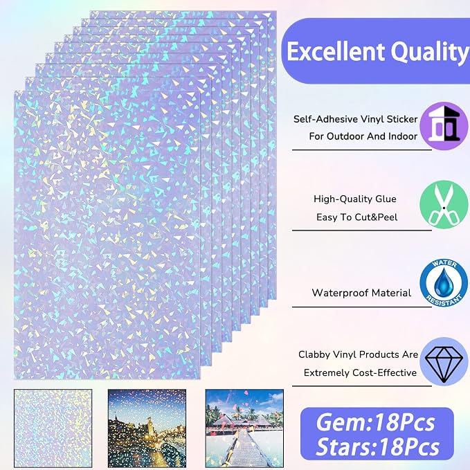 Clabby 36 Sheets Holographic Sticker Paper A4 Vinyl Holographic Laminate Sheets