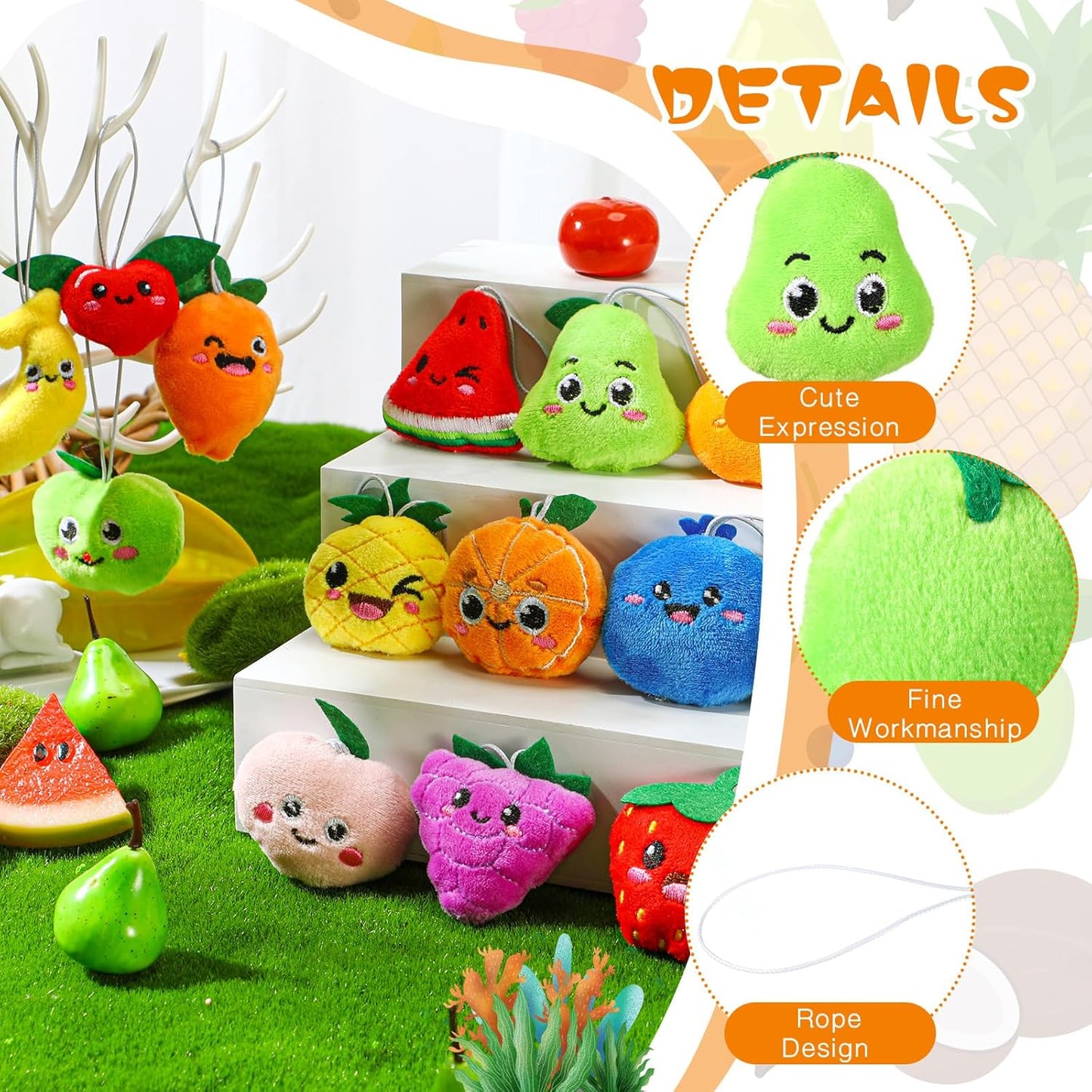 Libima 150 Pcs Mini Stuffed Animals Sea Animal Fruit Plush Keychain Set for Carnival Birthday Classroom Prizes Decoration for Clothes (Fruit)