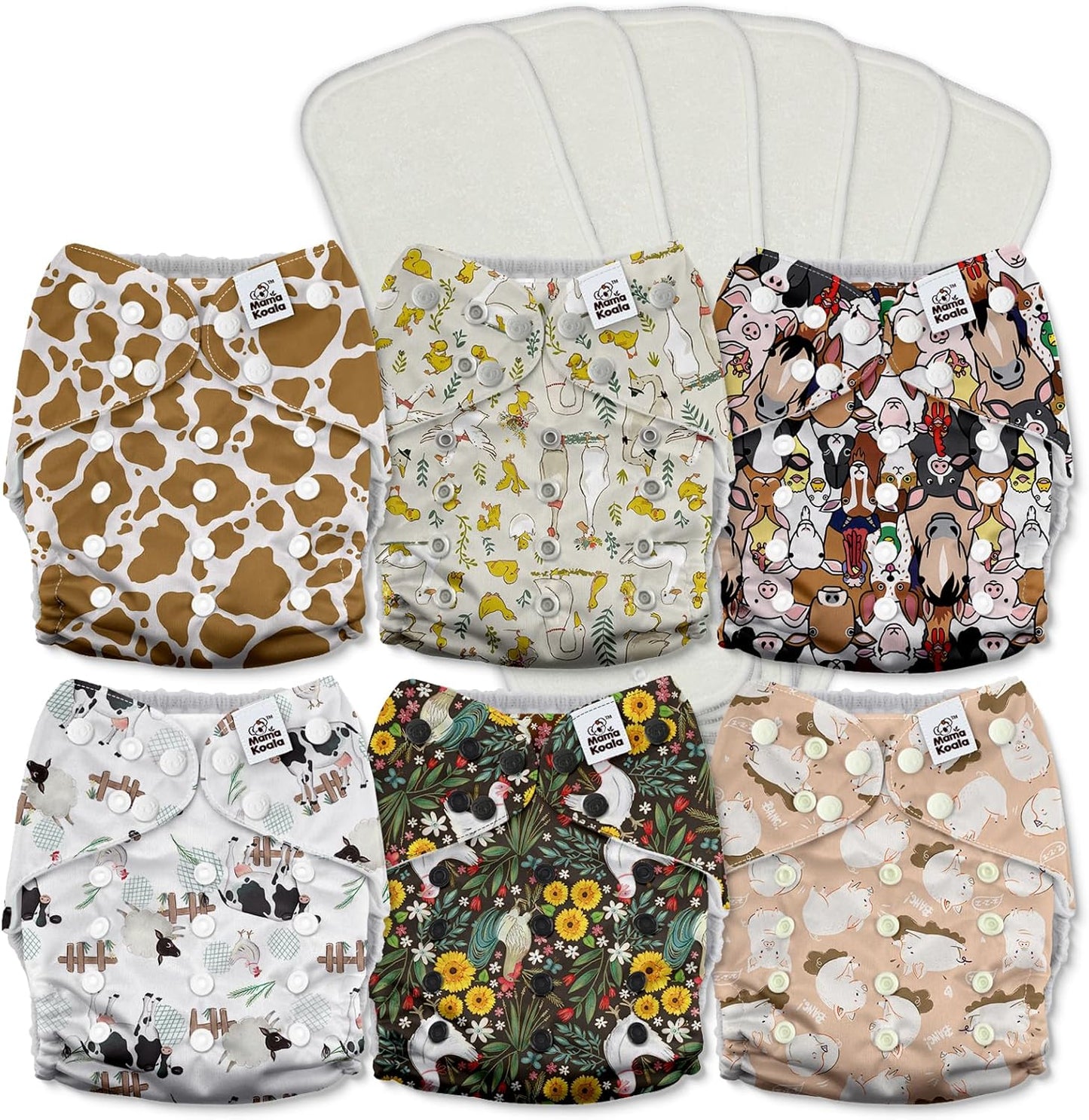 Mama Koala 3.0 Cloth Diapers for Babies with AWJ Lining, 6 Pack with 6 5-Layer Natural Cloth Diaper Inserts - Reusable and Washable Pocket Diapers(A-The Farm Story)