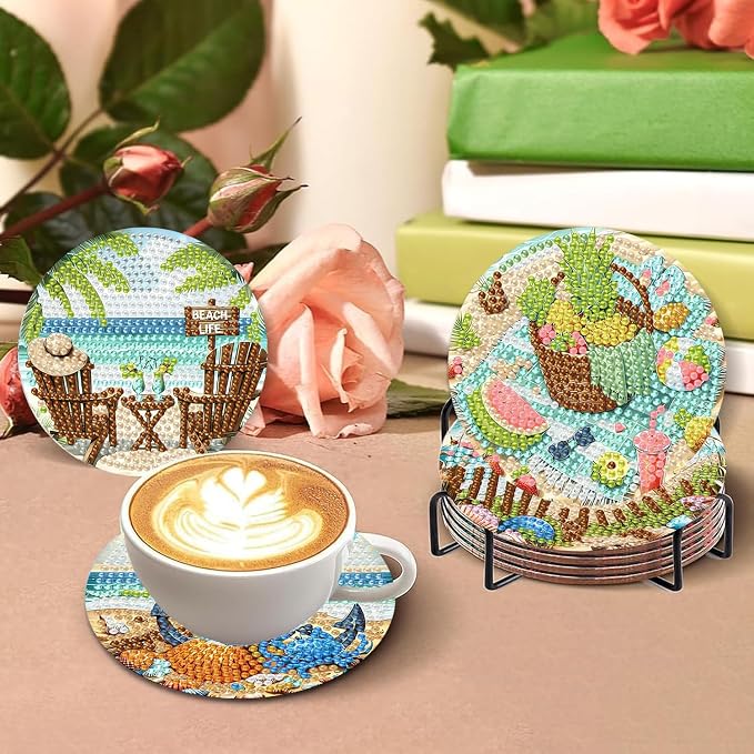 Benjenes 8 PCS Diamond Art Coasters Kits Beach Diamond Painting Coaster |