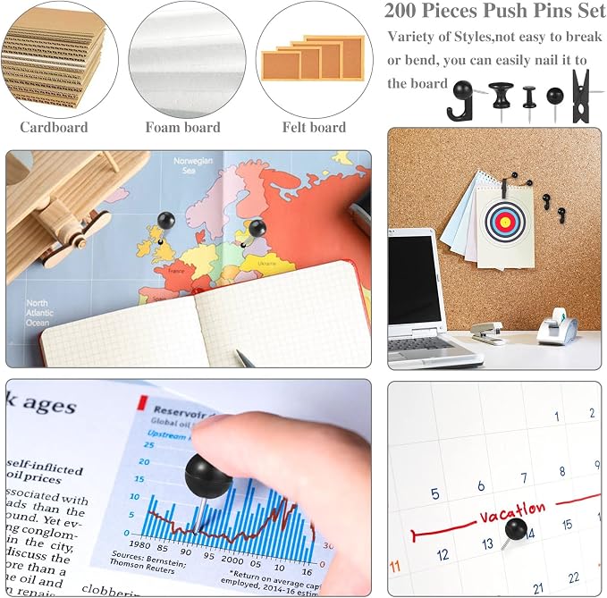 BESARME 200 Pcs Push Pins for Bulletin Board, Thumb Tacks for Cork Board | Black
