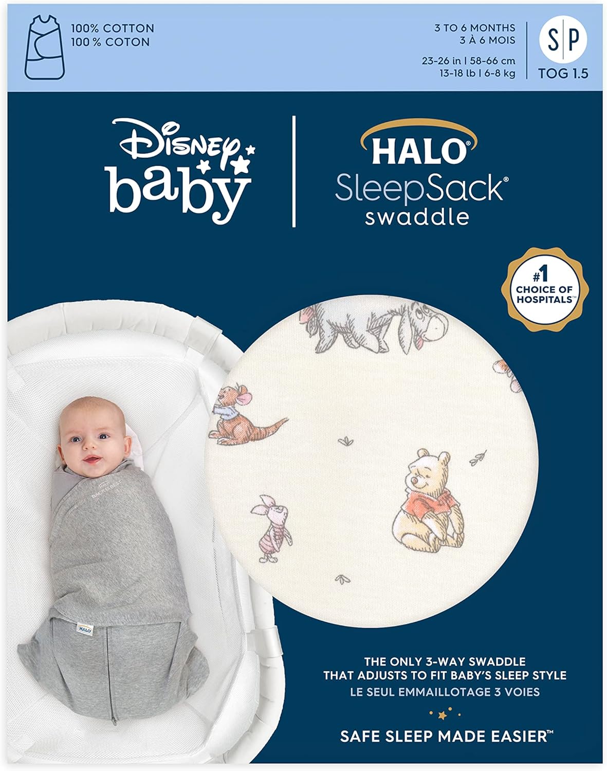 HALO Disney Baby 100% Cotton Sleepsack Swaddle, 3-Way Adjustable Wearable Blanket, TOG 1.5, Winnie Frolic, Small, 3-6 Months
