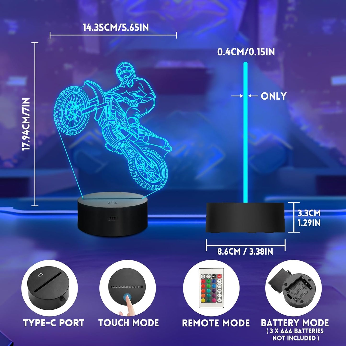 Dirt Bike 3D Night Light, LED Illusion Optical Lamp With16 Colors Changes & Remote Control & Timer, Motorcycle Room Decor, Birthday Christmas Gifts for Boys Girls Kids Men