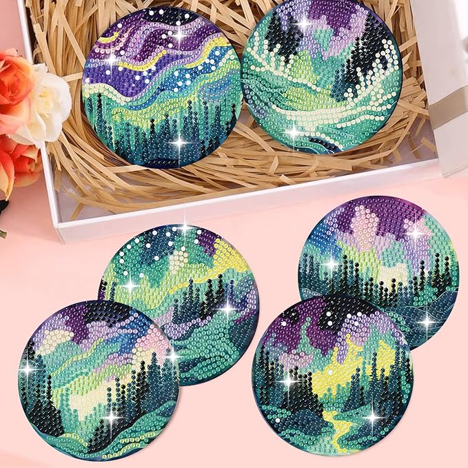 8 Pack Diamond Art Coasters, Northern Lights Diamond Painting Coasters Kits |
