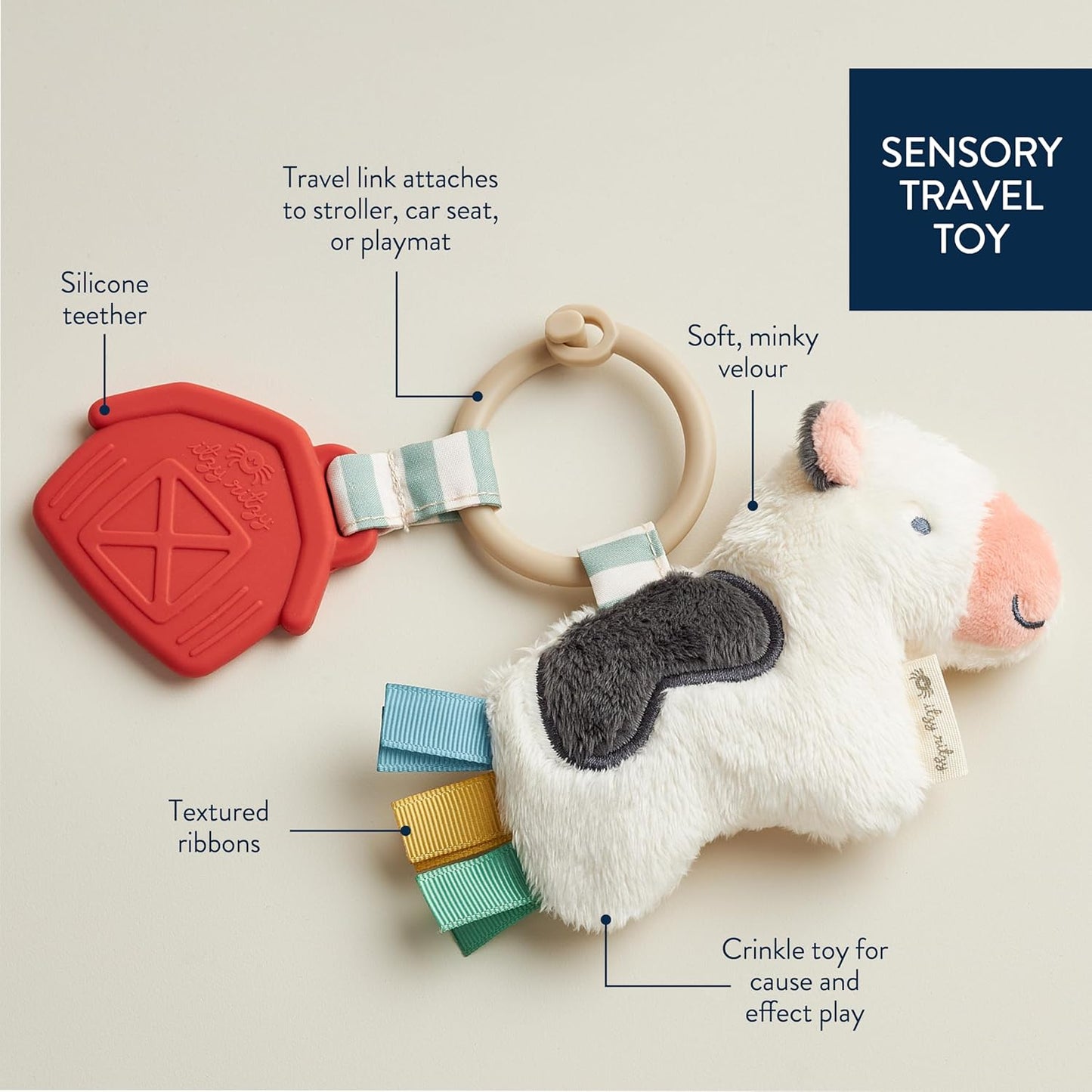 Itzy Ritzy Infant Toy & Teether - Itzy Pal Baby Teething Toy Includes Lovey, Crinkle Sound, Textured Ribbons & Silicone Teether for Newborn (Cow)