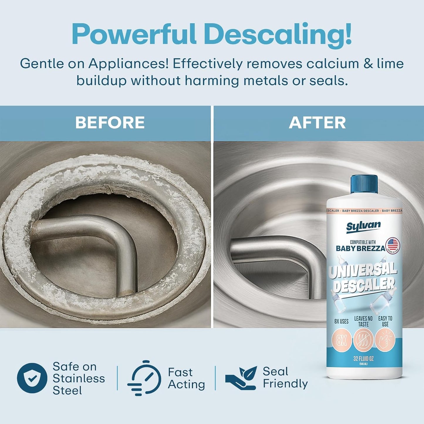 Descaler Compatible with Baby Brezza Machines | 32 Oz | 12 Month Supply | US Made | Free Cleaning Cloth | Descaling Solution Compatible with Baby Appliances | Cleans & Descales