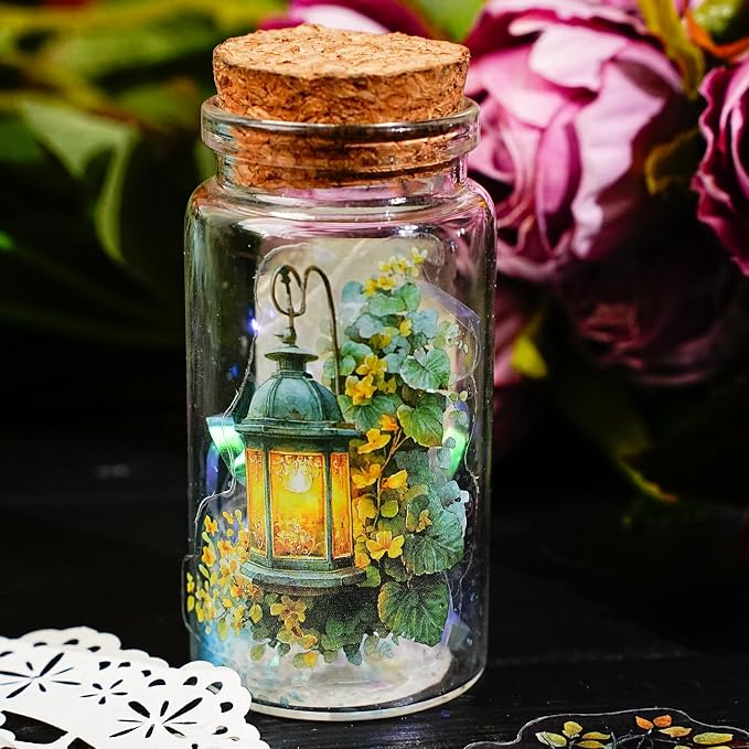 60PCS PET Stickers – Whimsical Mandala Florals, Fantasy Animals & Vintage Lamps