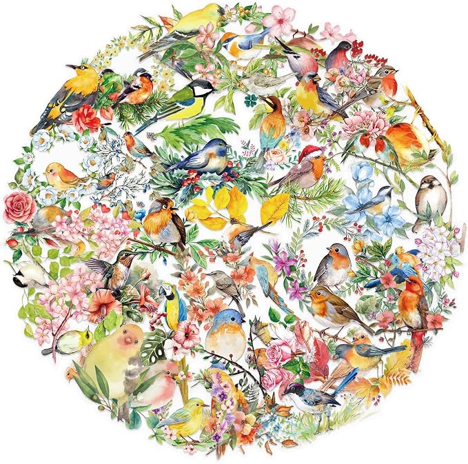 50PCS Flower and Bird Stickers PET Transparent Stickers Nature Watercolor Birds