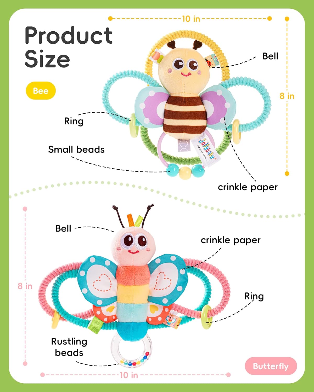 Jollybaby Soft Baby Rattles & Plush Rings Toy for Newborn 0-3-6-12 Months, Sensory Developmental Hand Teether Toys for Infant 0-2-4-7-8-9 Months, Baby Shower & Birthday Gifts - Butterfly