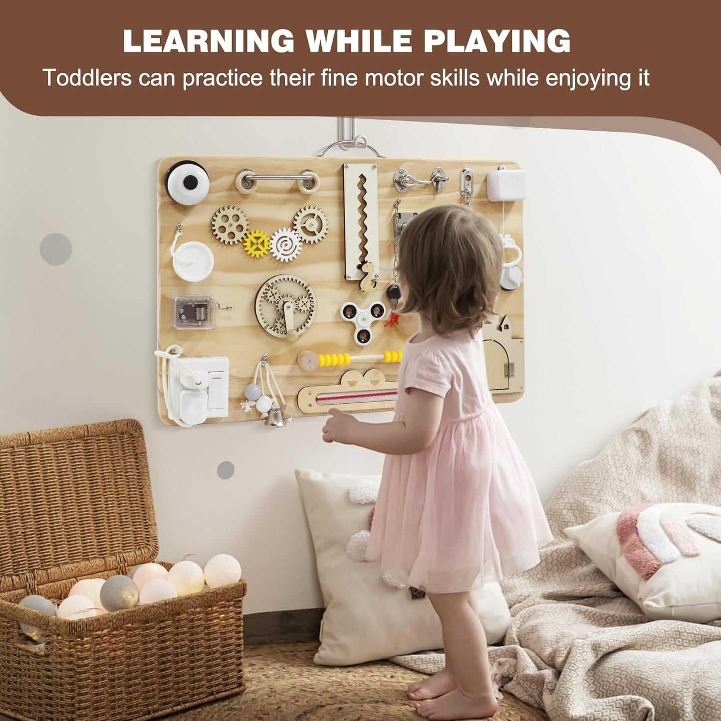 Wooden Montessori Busy Board for Toddlers, Montessori Sensory Activity Board Toys for Baby Kids, for Fine Motor Skills, Autism & ADHD