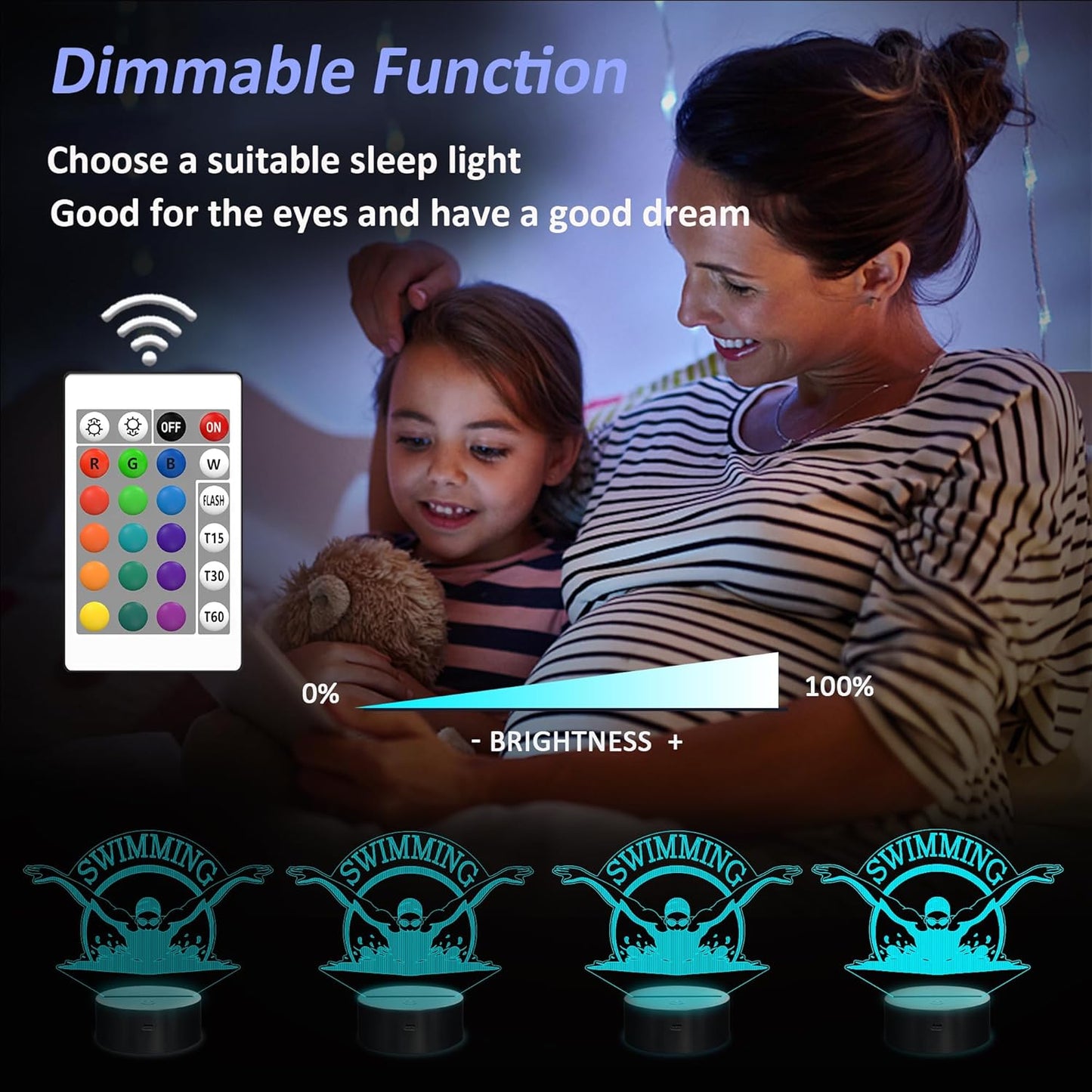 Swimming Gifts for Boys Girls, 3D Illusion Lamp, 3D Swimming Night Light with 16 Colors Remote and Touch Control, Swimmer Natator Decor for Kids Room, Girls Birthday Gifts