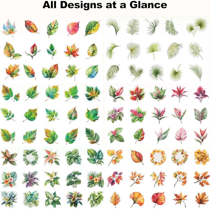 90PCS Leaf PET Stickers — Botanical Designs from Tropical Green to Autumn Maple