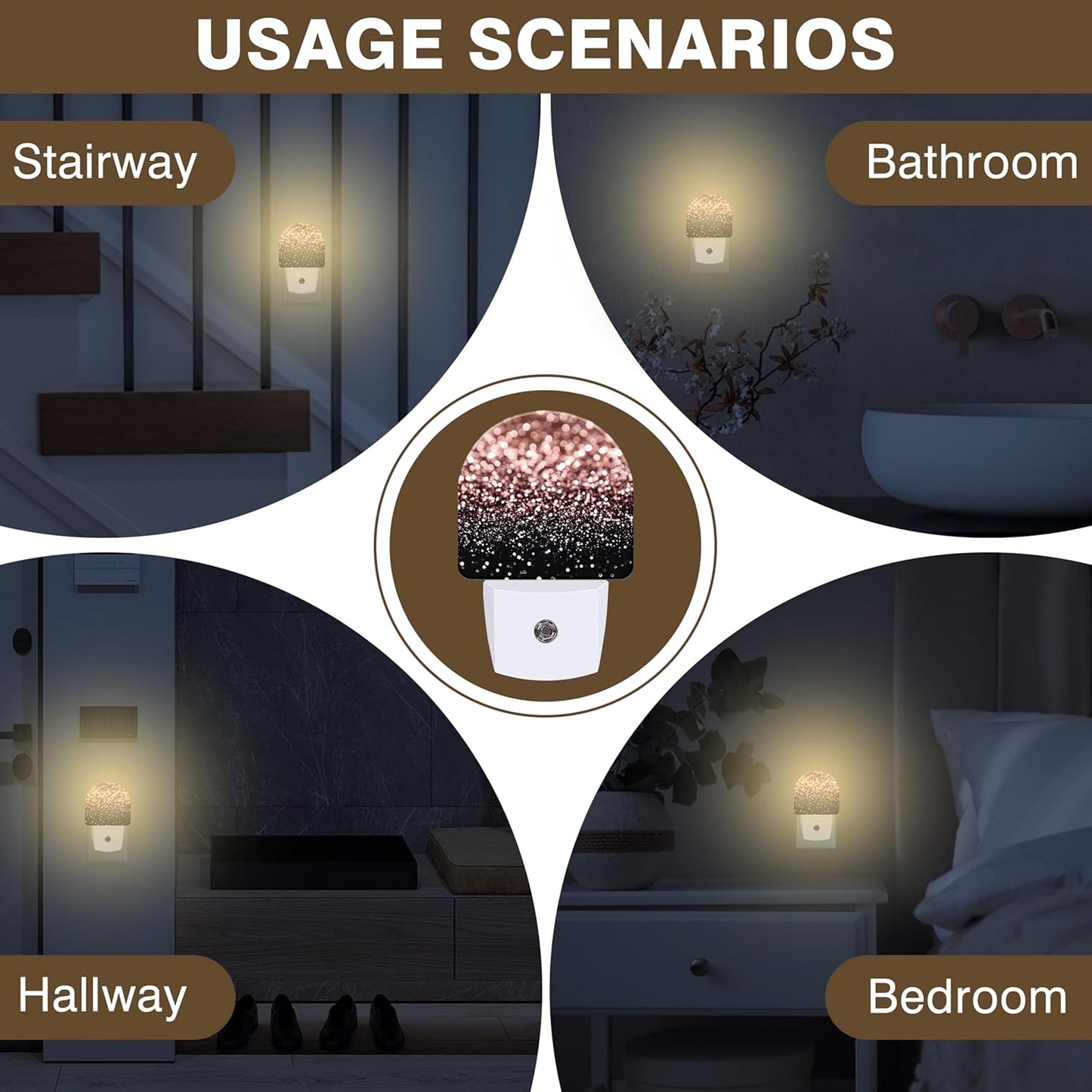 Night Lights Plug into Wall Rose Gold Glitter Night Light Dusk to Dawn Smart Sensor Decorative Round Led Lamp for Bedroom Kitchen Hallway Nightlight for Women Men